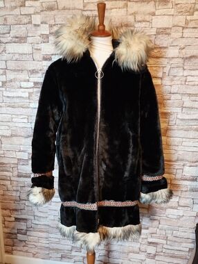 Stearns Vintage Dark Blue  Black Parka  Faux Fur Jacket with Hood Full Zip
